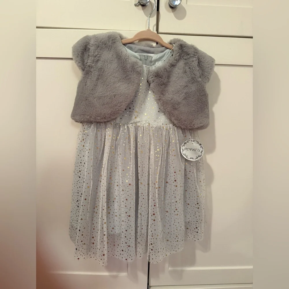 Popatu Starry Blue Dress with metallic stars and removable faux fur grey vest